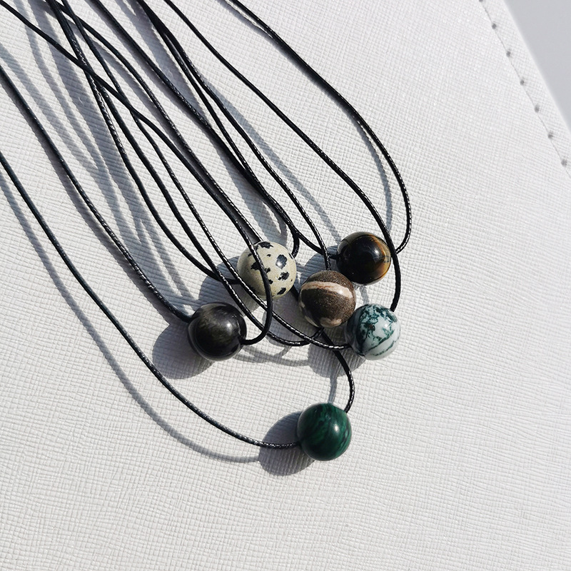 Vintage Geometric Natural Stone Bead Pendant Necklace Adjustable Black Rope Collarbone Chain Unisex Boho Jewelry Gift-malachite - Image 3