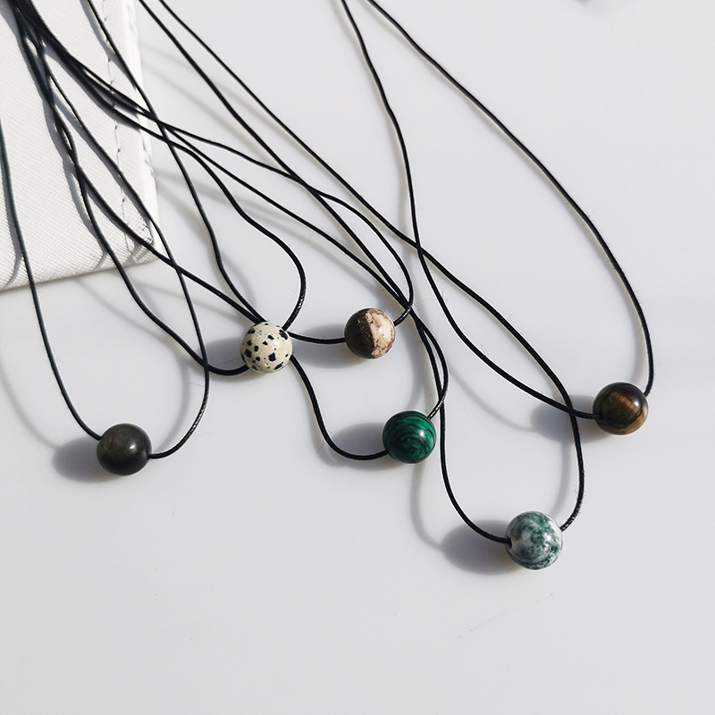 6-piece Vintage Geometric Natural Stone Bead Pendant Necklace Adjustable Black Rope Collarbone Chain Unisex Boho Jewelry Gift - Image 1