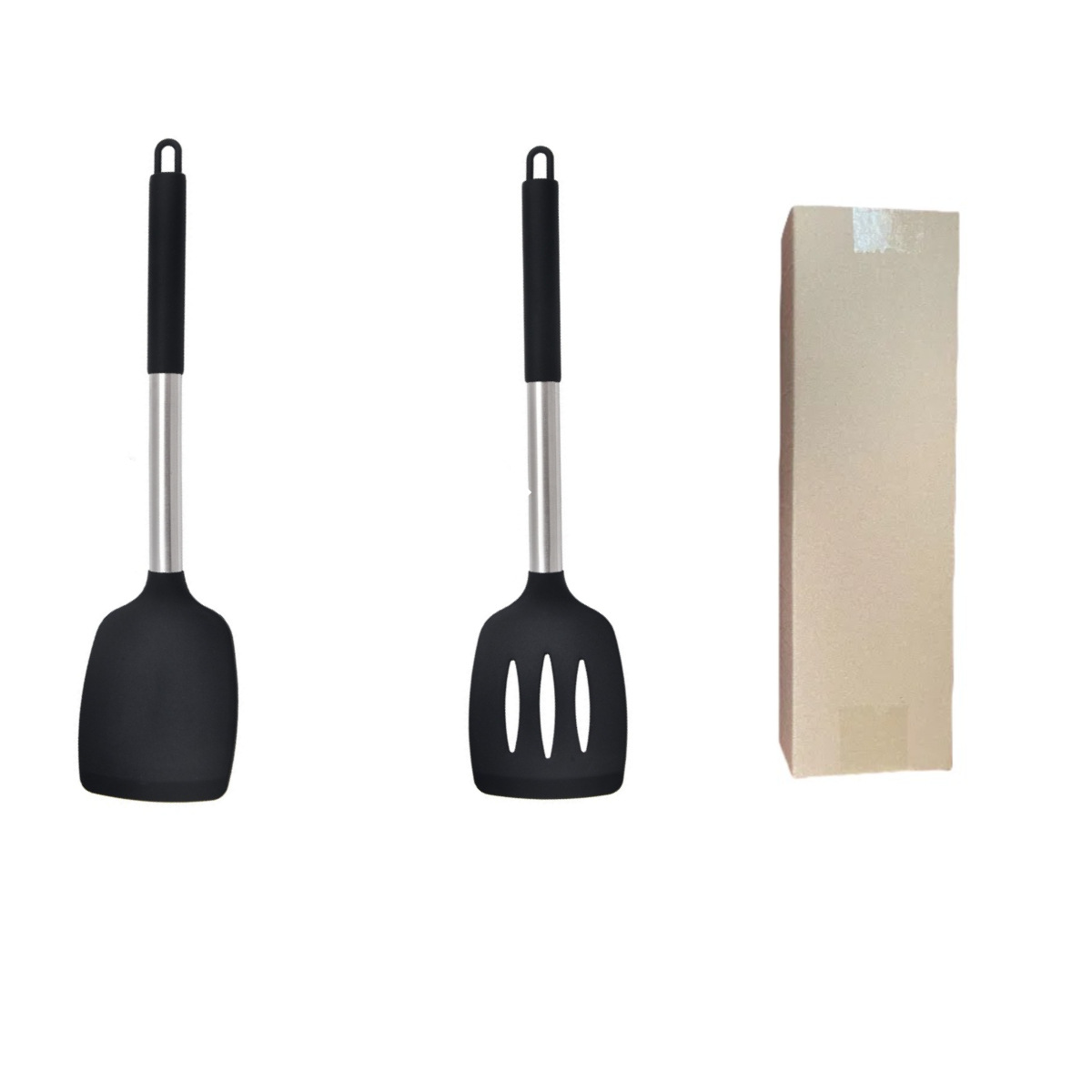 Black 2-Piece Silicone Spatula Set Slotted Turner Solid Turner Stainless Steel Handle Heat Resistant Non-Stick Cookware Kitchen Utensils - Image 1