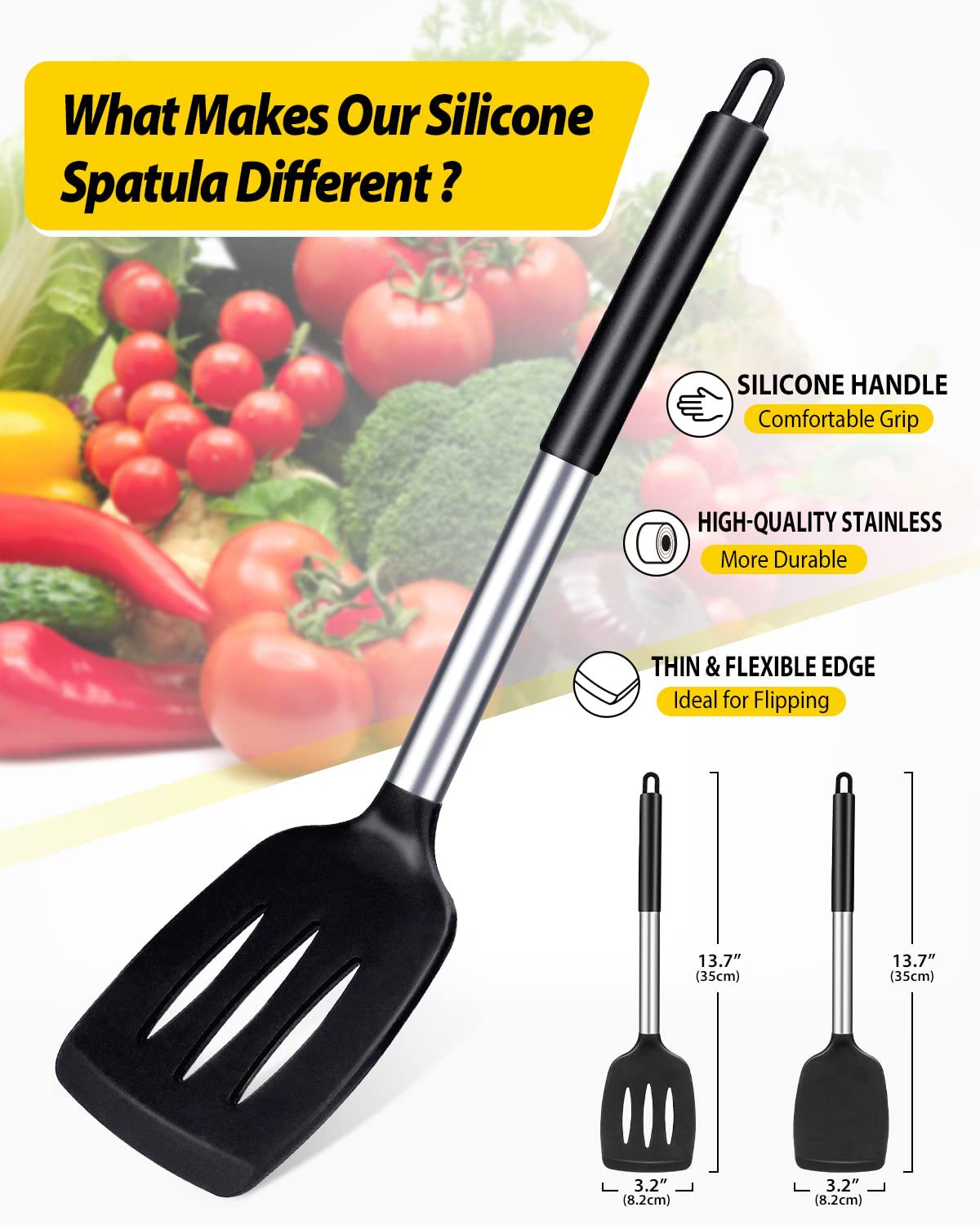 Black 2-Piece Silicone Spatula Set Slotted Turner Solid Turner Stainless Steel Handle Heat Resistant Non-Stick Cookware Kitchen Utensils - Image 2