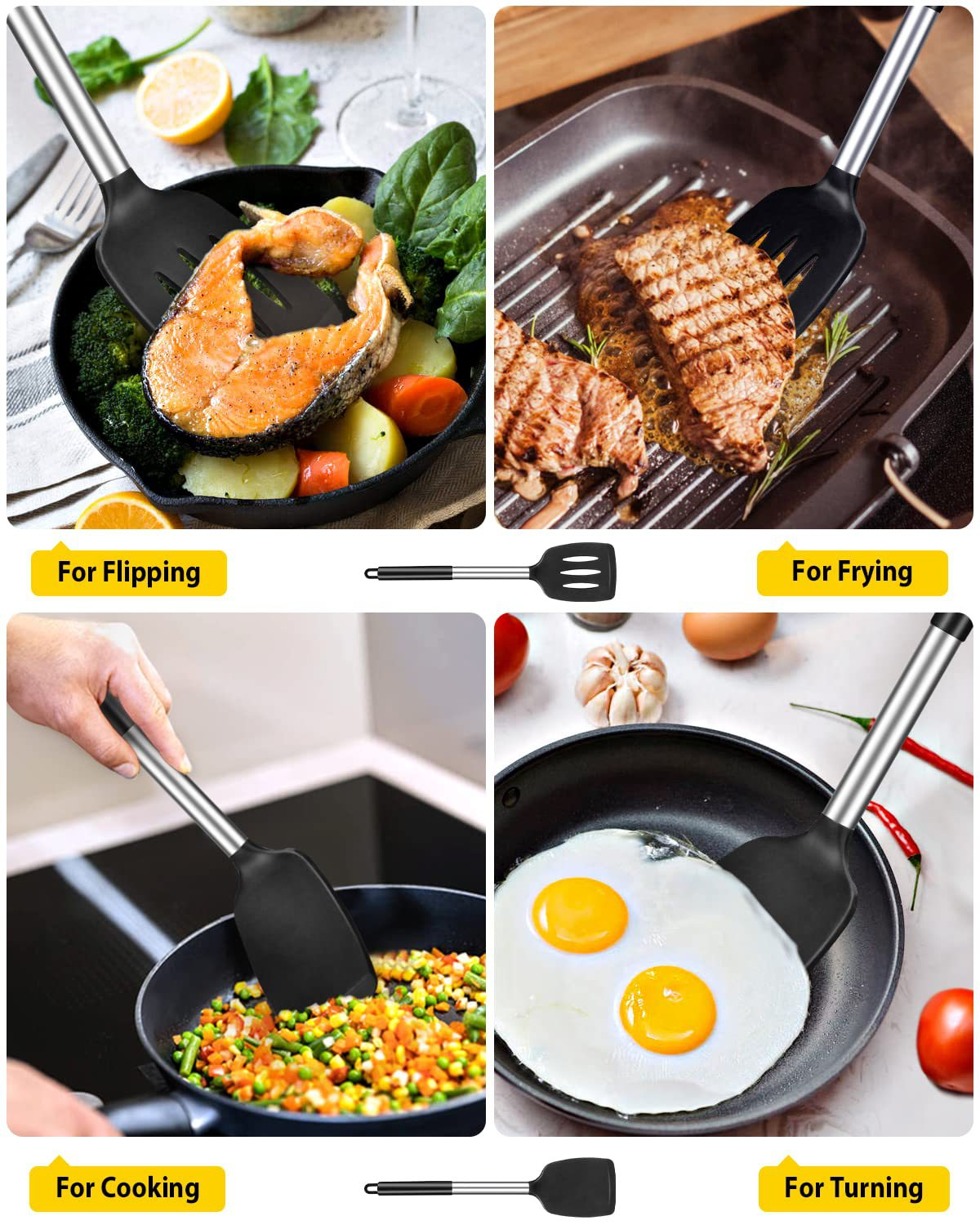 Black 2-Piece Silicone Spatula Set Slotted Turner Solid Turner Stainless Steel Handle Heat Resistant Non-Stick Cookware Kitchen Utensils - Image 3