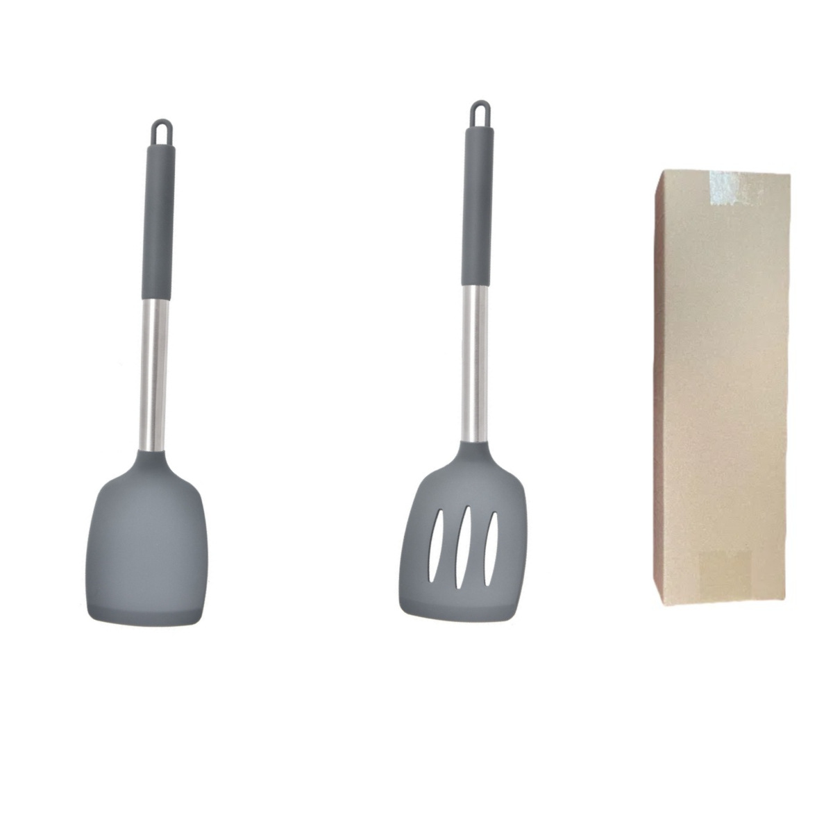 Grey 2-Piece Silicone Spatula Set Slotted Turner Solid Turner Stainless Steel Handle Heat Resistant Non-Stick Cookware Kitchen Utensils - Image 1