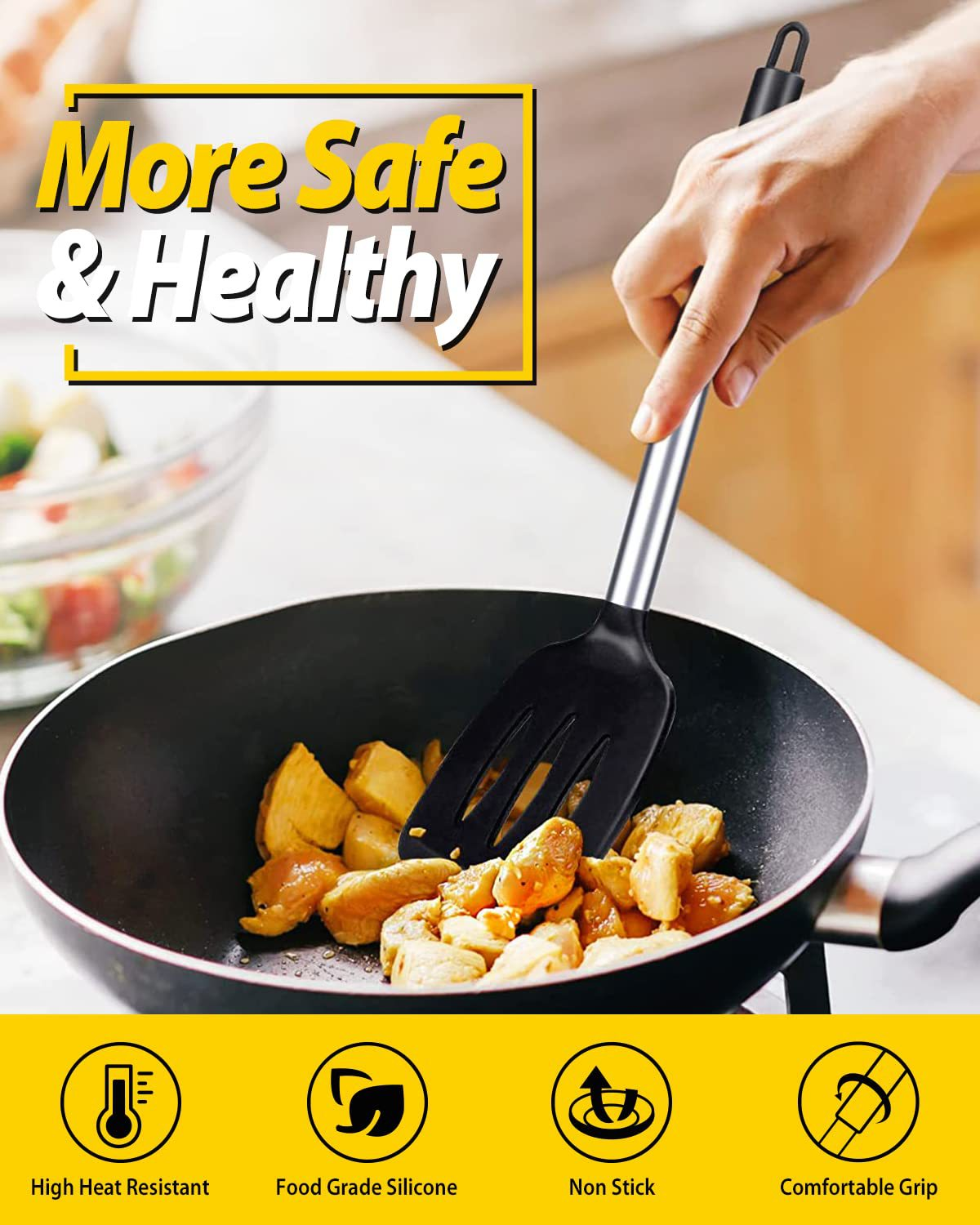 Grey 2-Piece Silicone Spatula Set Slotted Turner Solid Turner Stainless Steel Handle Heat Resistant Non-Stick Cookware Kitchen Utensils - Image 4