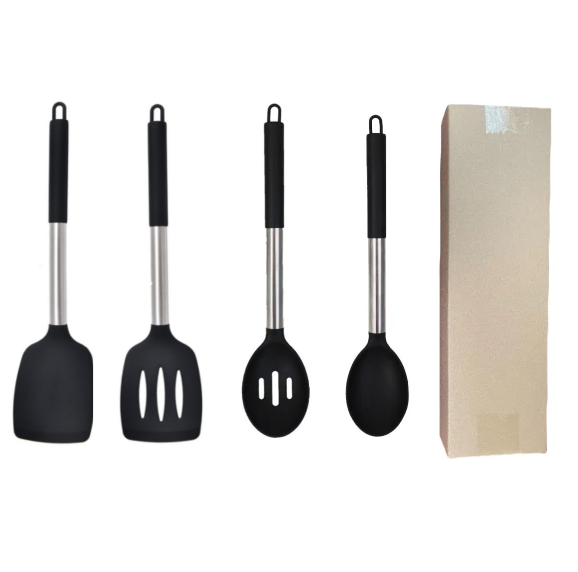 Black 4-Piece Silicone Spatula Set Slotted Turner Solid Turner Stainless Steel Handle Heat Resistant Non-Stick Cookware Kitchen Utensils - Image 1