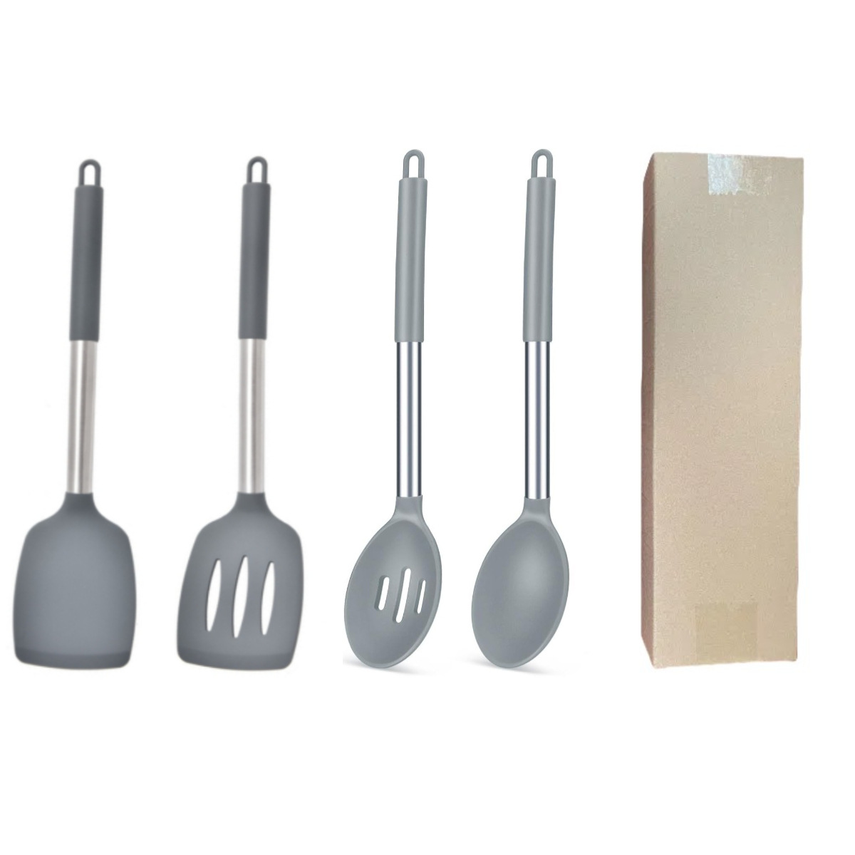 Grey 4-Piece Silicone Spatula Set Slotted Turner Solid Turner Stainless Steel Handle Heat Resistant Non-Stick Cookware Kitchen Utensils - Image 1