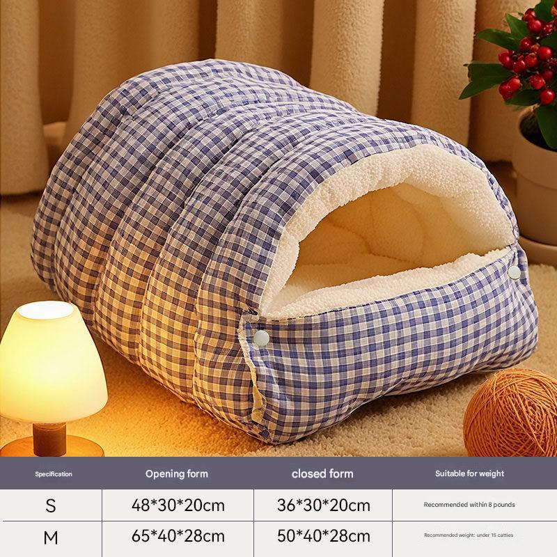 S size Blue Plaid Cat Cave Bed Winter Warm Enclosed Pet House Cozy Cat Sleeping Bag Semi-Enclosed Cat Nest Small Dog Bed PP Cotton Filling Washable Pet Supplies - Image 1