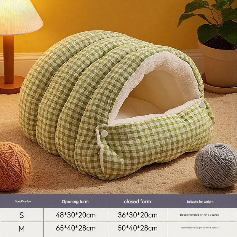 S size Green Plaid Cat Cave Bed Winter Warm Enclosed Pet House Cozy Cat Sleeping Bag Semi-Enclosed Cat Nest Small Dog Bed PP Cotton Filling Washable Pet Supplies - Image 1