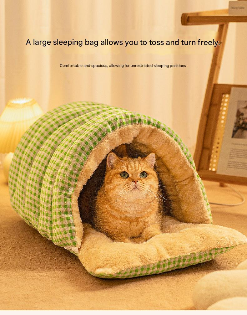 S size Green Plaid Cat Cave Bed Winter Warm Enclosed Pet House Cozy Cat Sleeping Bag Semi-Enclosed Cat Nest Small Dog Bed PP Cotton Filling Washable Pet Supplies - Image 5