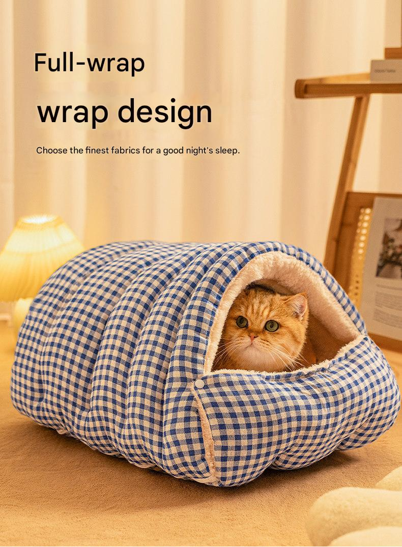 M size Green Plaid Cat Cave Bed Winter Warm Enclosed Pet House Cozy Cat Sleeping Bag Semi-Enclosed Cat Nest Small Dog Bed PP Cotton Filling Washable Pet Supplies - Image 4
