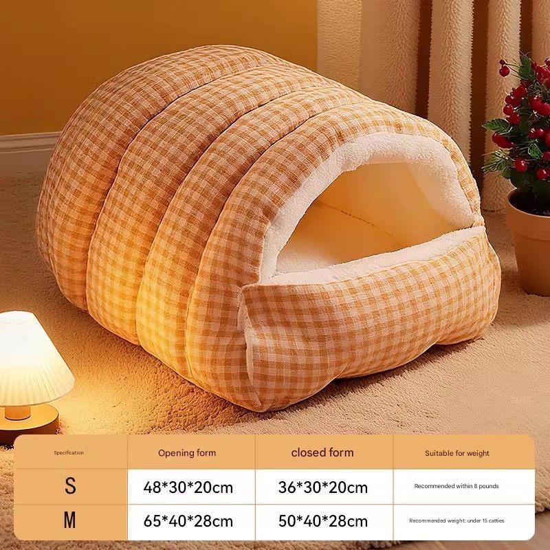 M size Orange Plaid Cat Cave Bed Winter Warm Enclosed Pet House Cozy Cat Sleeping Bag Semi-Enclosed Cat Nest Small Dog Bed PP Cotton Filling Washable Pet Supplies - Image 1