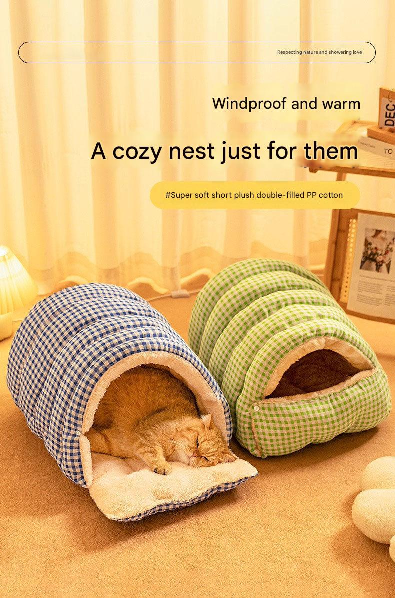 M size Yellow Plaid Cat Cave Bed Winter Warm Enclosed Pet House Cozy Cat Sleeping Bag Semi-Enclosed Cat Nest Small Dog Bed PP Cotton Filling Washable Pet Supplies - Image 2