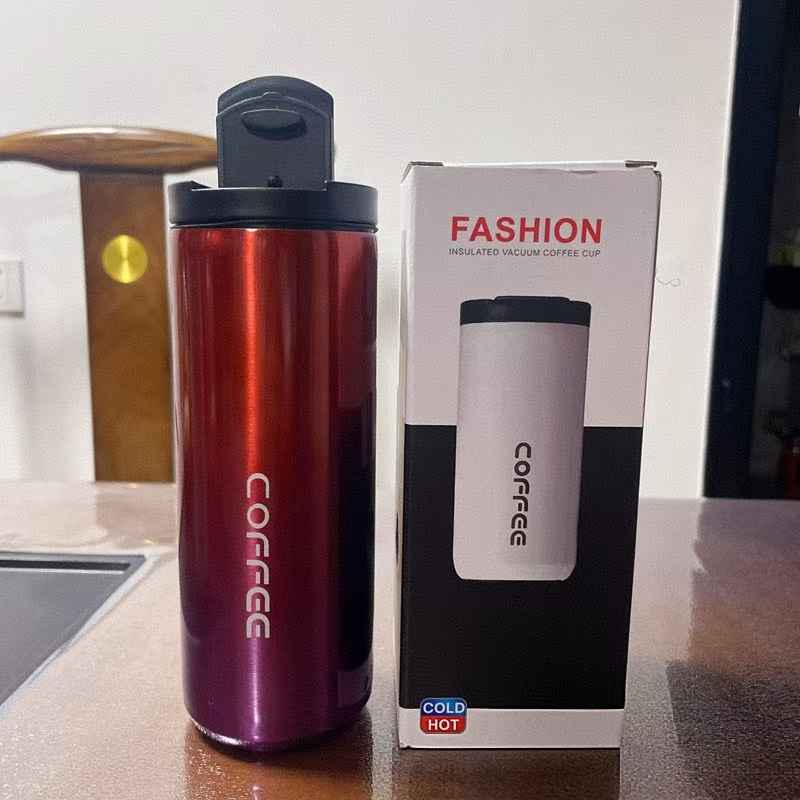 Gradient Red Stainless Steel Coffee Mug 500ml Vacuum Insulated Travel Cup 8 Hours Heat Retention Leak-Proof Lid 304 Food-Grade Steel Portable Office Car Tumbler Reusable Gift Cup - Image 1