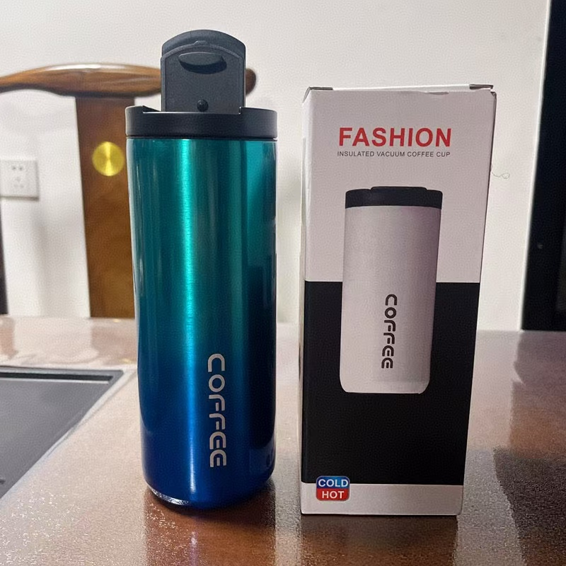 Gradient Blue Stainless Steel Coffee Mug 500ml Vacuum Insulated Travel Cup 8 Hours Heat Retention Leak-Proof Lid 304 Food-Grade Steel Portable Office Car Tumbler Reusable Gift Cup - Image 1