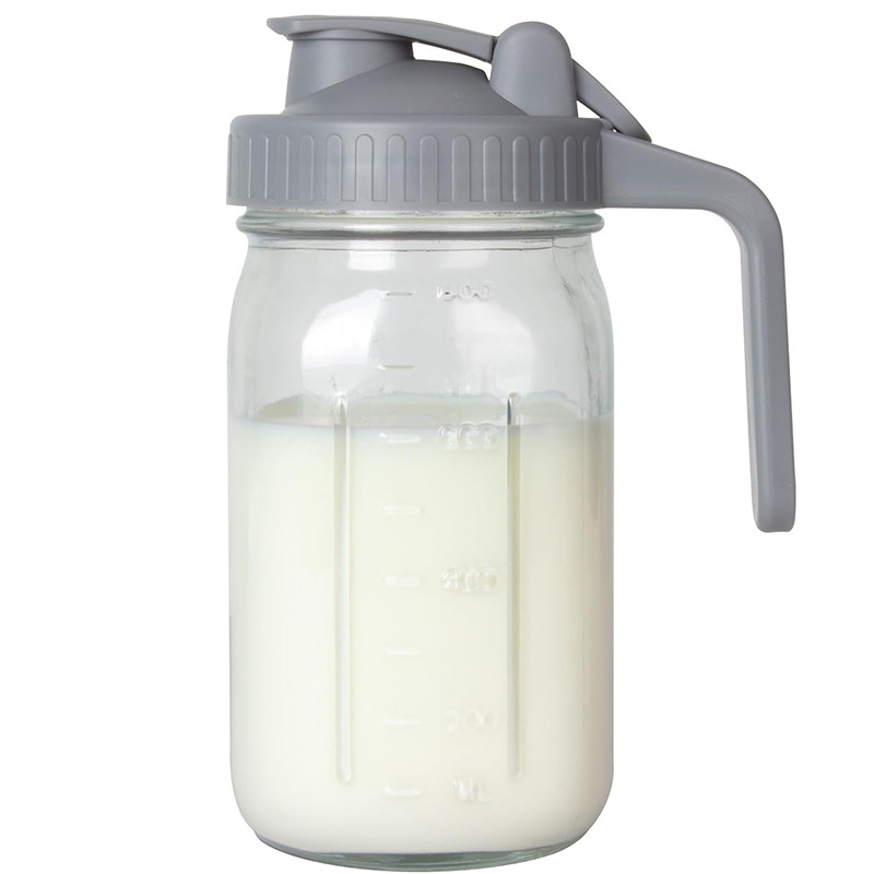 Grey Glass Mason Jar Pitcher 32oz with Flip Lid Pour Spout Milk Jug Leak-Proof Airtight Seal Wide Mouth Beverage Container Cold Brew Coffee Iced Tea Juice Milk Dispenser Fridge Storage - Image 1