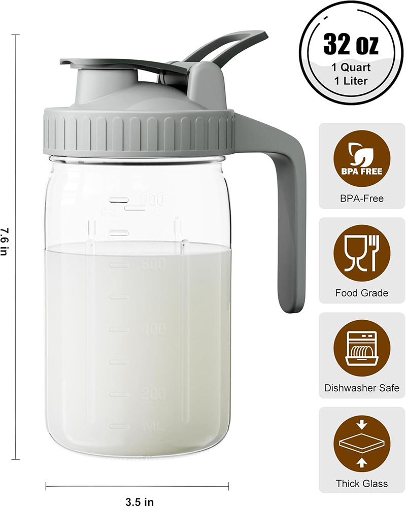 Grey Glass Mason Jar Pitcher 32oz with Flip Lid Pour Spout Milk Jug Leak-Proof Airtight Seal Wide Mouth Beverage Container Cold Brew Coffee Iced Tea Juice Milk Dispenser Fridge Storage - Image 4