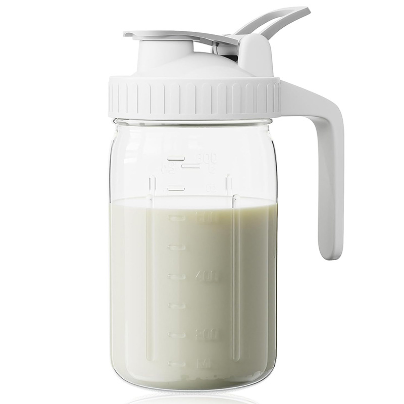 White Glass Mason Jar Pitcher 32oz with Flip Lid Pour Spout Milk Jug Leak-Proof Airtight Seal Wide Mouth Beverage Container Cold Brew Coffee Iced Tea Juice Milk Dispenser Fridge Storage - Image 1