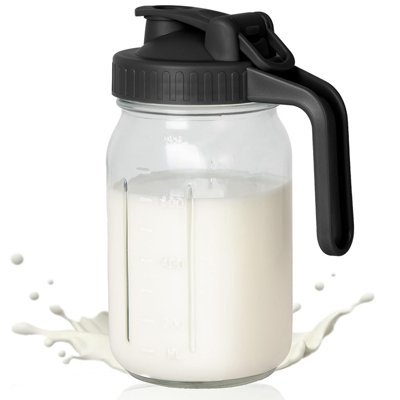 Black Glass Mason Jar Pitcher 32oz with Flip Lid Pour Spout Milk Jug Leak-Proof Airtight Seal Wide Mouth Beverage Container Cold Brew Coffee Iced Tea Juice Milk Dispenser Fridge Storage - Image 1
