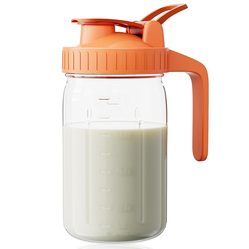 Orange Glass Mason Jar Pitcher 32oz with Flip Lid Pour Spout Milk Jug Leak-Proof Airtight Seal Wide Mouth Beverage Container Cold Brew Coffee Iced Tea Juice Milk Dispenser Fridge Storage - Image 1