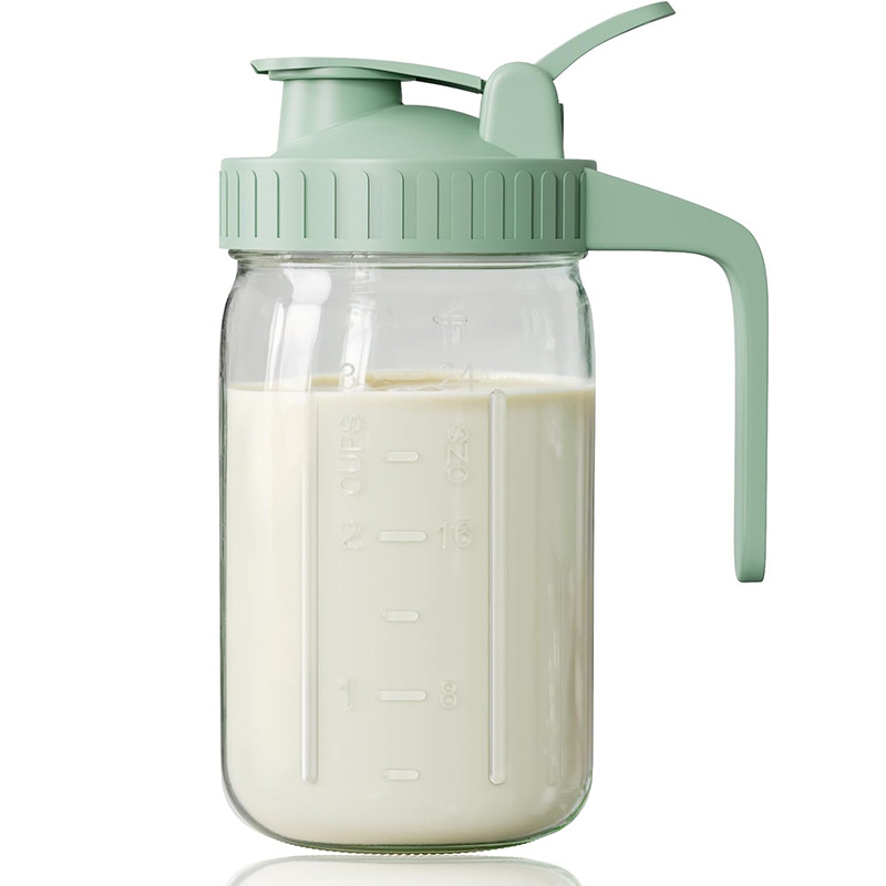 Green Glass Mason Jar Pitcher 32oz with Flip Lid Pour Spout Milk Jug Leak-Proof Airtight Seal Wide Mouth Beverage Container Cold Brew Coffee Iced Tea Juice Milk Dispenser Fridge Storage - Image 1