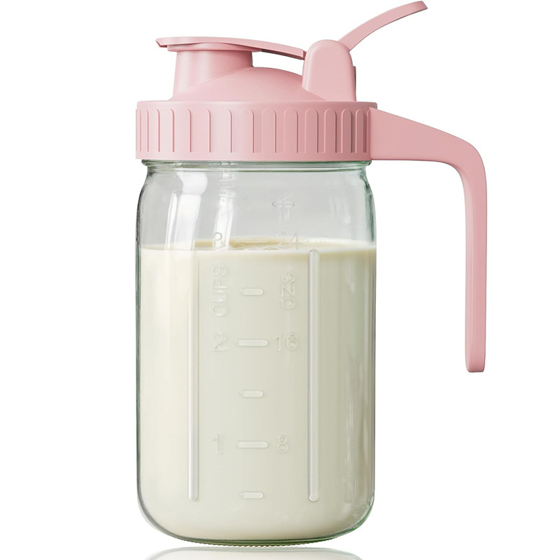 Pink Glass Mason Jar Pitcher 32oz with Flip Lid Pour Spout Milk Jug Leak-Proof Airtight Seal Wide Mouth Beverage Container Cold Brew Coffee Iced Tea Juice Milk Dispenser Fridge Storage - Image 1