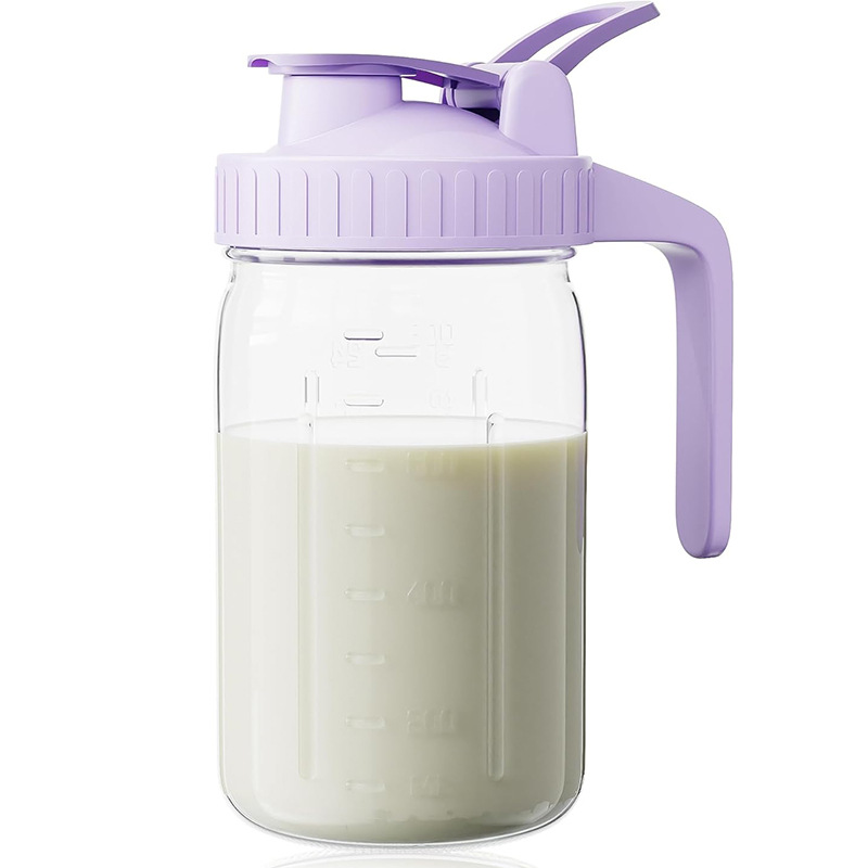 Purple Glass Mason Jar Pitcher 32oz with Flip Lid Pour Spout Milk Jug Leak-Proof Airtight Seal Wide Mouth Beverage Container Cold Brew Coffee Iced Tea Juice Milk Dispenser Fridge Storage - Image 1