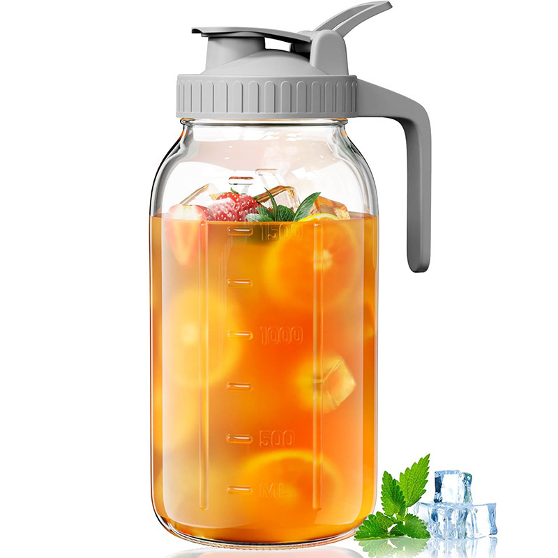 Grey Glass Mason Jar Pitcher 64oz with Flip Lid Pour Spout Milk Jug Leak-Proof Airtight Seal Wide Mouth Beverage Container Cold Brew Coffee Iced Tea Juice Milk Dispenser Fridge Storage - Image 1