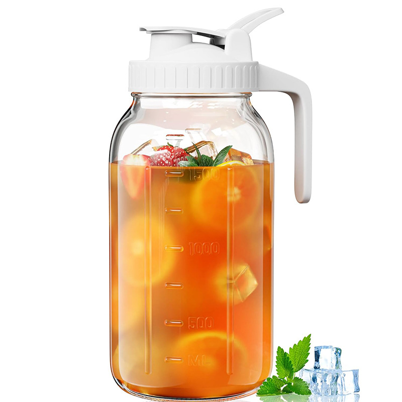 White Glass Mason Jar Pitcher 64oz with Flip Lid Pour Spout Milk Jug Leak-Proof Airtight Seal Wide Mouth Beverage Container Cold Brew Coffee Iced Tea Juice Milk Dispenser Fridge Storage - Image 1