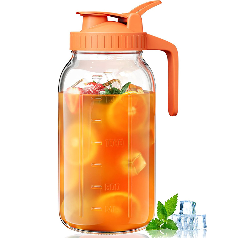 Orange Glass Mason Jar Pitcher 64oz with Flip Lid Pour Spout Milk Jug Leak-Proof Airtight Seal Wide Mouth Beverage Container Cold Brew Coffee Iced Tea Juice Milk Dispenser Fridge Storage - Image 1