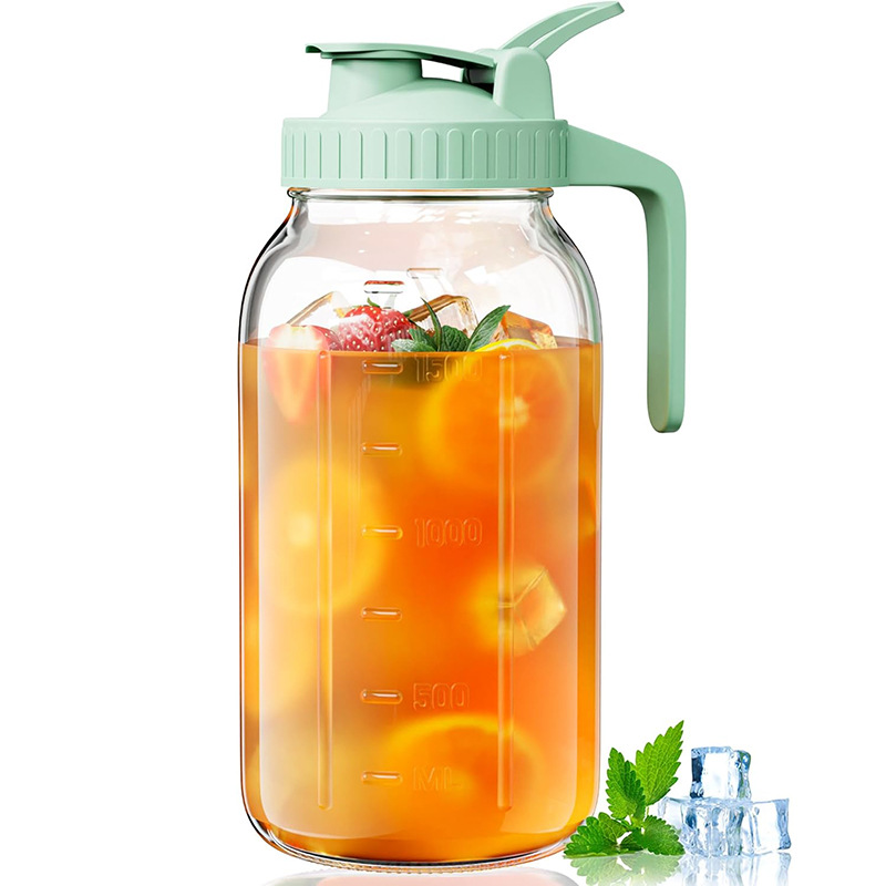Green Glass Mason Jar Pitcher 64oz with Flip Lid Pour Spout Milk Jug Leak-Proof Airtight Seal Wide Mouth Beverage Container Cold Brew Coffee Iced Tea Juice Milk Dispenser Fridge Storage - Image 1