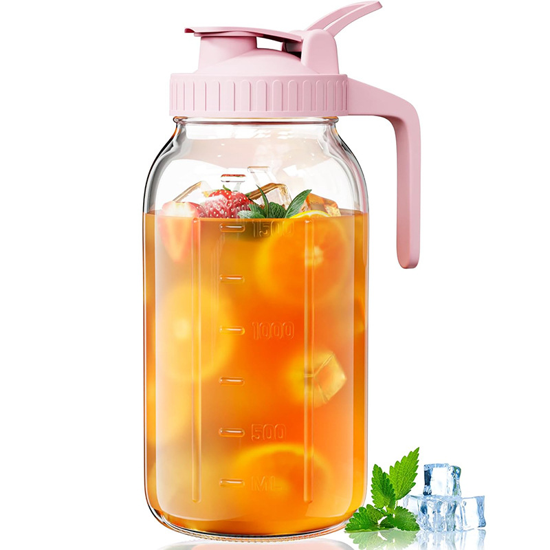 Pink Glass Mason Jar Pitcher 64oz with Flip Lid Pour Spout Milk Jug Leak-Proof Airtight Seal Wide Mouth Beverage Container Cold Brew Coffee Iced Tea Juice Milk Dispenser Fridge Storage - Image 1