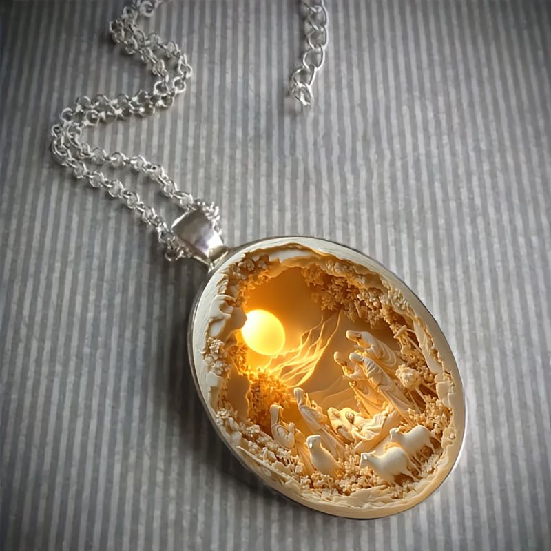 3D Nativity Scene Necklace-  Oval Pendant, Jesus Birth Christmas Easter Gift for Women Men, Zinc Alloy Chain Necklace - Image 1