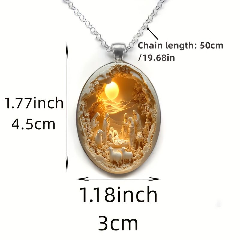 3D Nativity Scene Necklace-  Oval Pendant, Jesus Birth Christmas Easter Gift for Women Men, Zinc Alloy Chain Necklace - Image 3