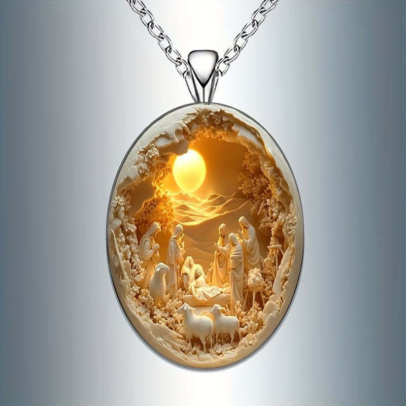 3D Nativity Scene Necklace-  Oval Pendant, Jesus Birth Christmas Easter Gift for Women Men, Zinc Alloy Chain Necklace - Image 4