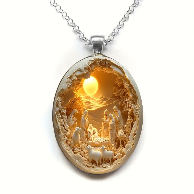3D Nativity Scene Necklace-  Oval Pendant, Jesus Birth Christmas Easter Gift for Women Men, Zinc Alloy Chain Necklace - Image 5
