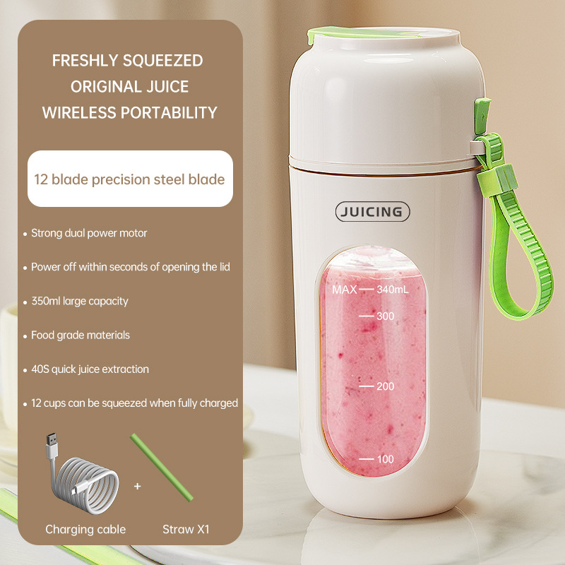 Green Portable Wireless Juicer Blender Cup - 350ml USB Rechargeable Personal Smoothie Maker with 12-Blade System, 40S Fast Extraction, BPA-Free Travel Juicing Cup for Home Office Gym Outdoor - Image 1
