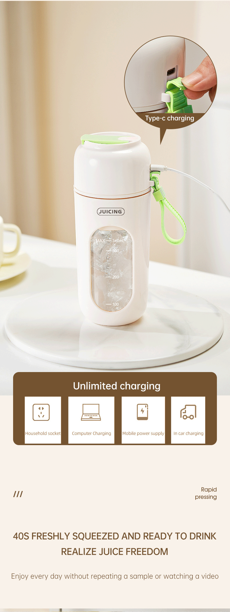 Green Portable Wireless Juicer Blender Cup - 350ml USB Rechargeable Personal Smoothie Maker with 12-Blade System, 40S Fast Extraction, BPA-Free Travel Juicing Cup for Home Office Gym Outdoor - Image 7