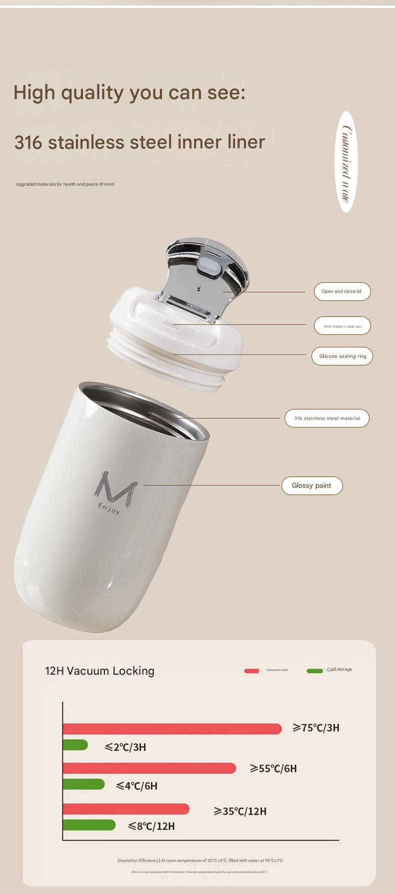 Black Gift Box Set Premium 316 Stainless Steel Coffee Tumbler - 350ml Vacuum Insulated Travel Mug with Sip Lid, Leak-Proof Egg Shape Design, Hot & Cold Beverage Cup for Office Commute Outdoor Gift - Image 6