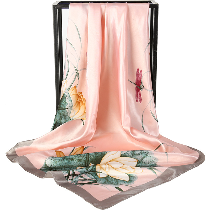 Pink Dragonfly and Lotus Flower Painting Elegant 90x90cm Satin Silk Scarf for Women - Double-Sided Printed Square Headscarf Shawl Wrap - Lightweight Versatile Fashion Accessory for Mother's Day Gift - Image 1