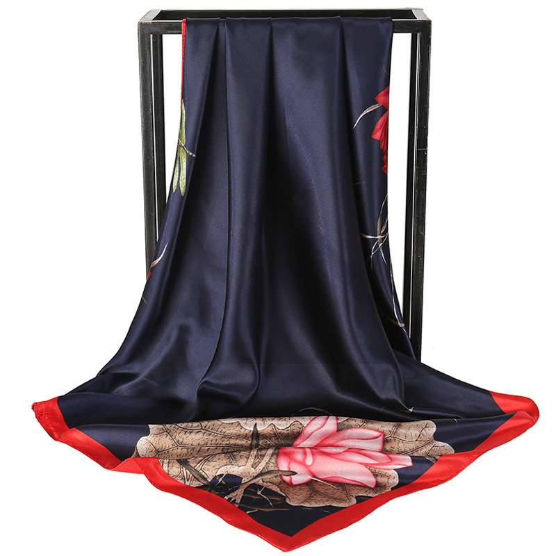 Blue Dragonfly and Lotus Flower Painting Elegant 90x90cm Satin Silk Scarf for Women - Double-Sided Printed Square Headscarf Shawl Wrap - Lightweight Versatile Fashion Accessory for Mother's Day Gift - Image 1