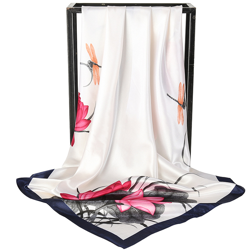 White Dragonfly and Lotus Flower Painting Elegant 90x90cm Satin Silk Scarf for Women - Double-Sided Printed Square Headscarf Shawl Wrap - Lightweight Versatile Fashion Accessory for Mother's Day Gift - Image 1