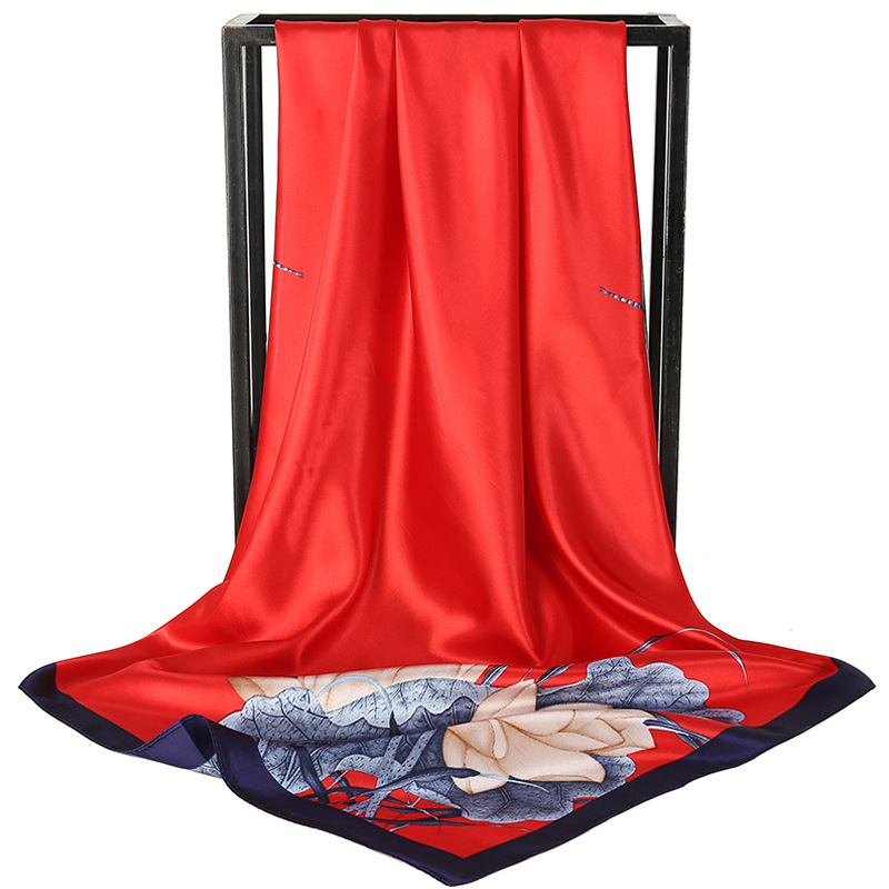 Red Dragonfly and Lotus Flower Painting Elegant 90x90cm Satin Silk Scarf for Women - Double-Sided Printed Square Headscarf Shawl Wrap - Lightweight Versatile Fashion Accessory for Mother's Day Gift - Image 1