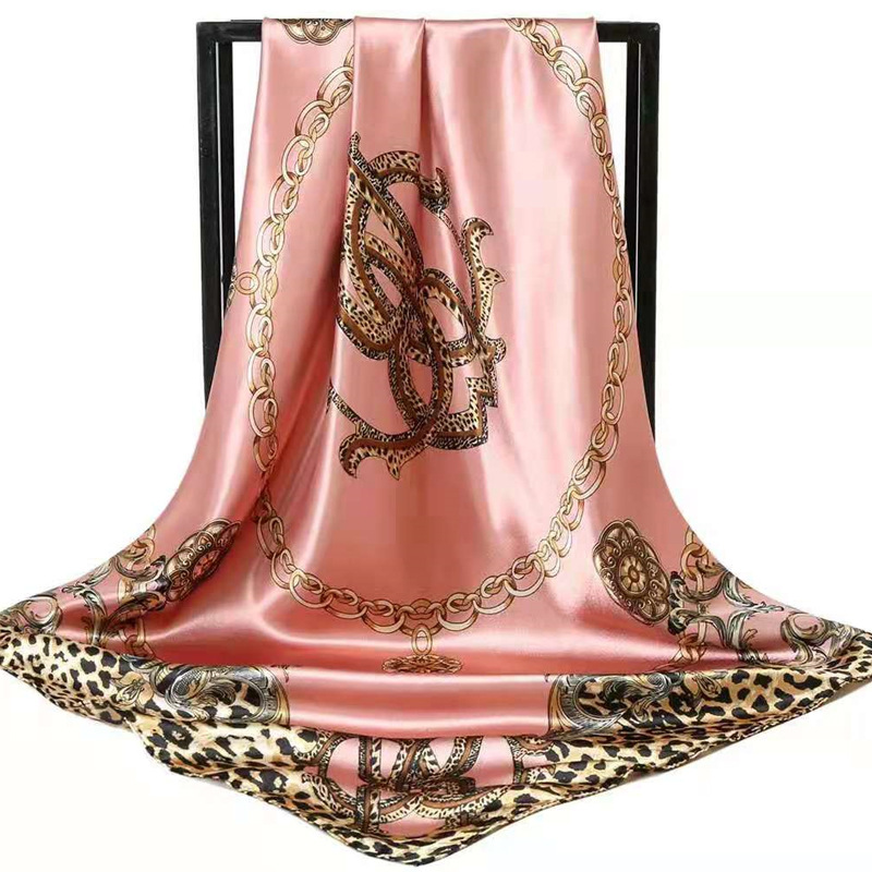 Pink Leopard Print Chain Pattern Elegant 90x90cm Satin Silk Scarf for Women - Double-Sided Printed Square Headscarf Shawl Wrap - Lightweight Versatile Fashion Accessory for Mother's Day Gift - Image 1