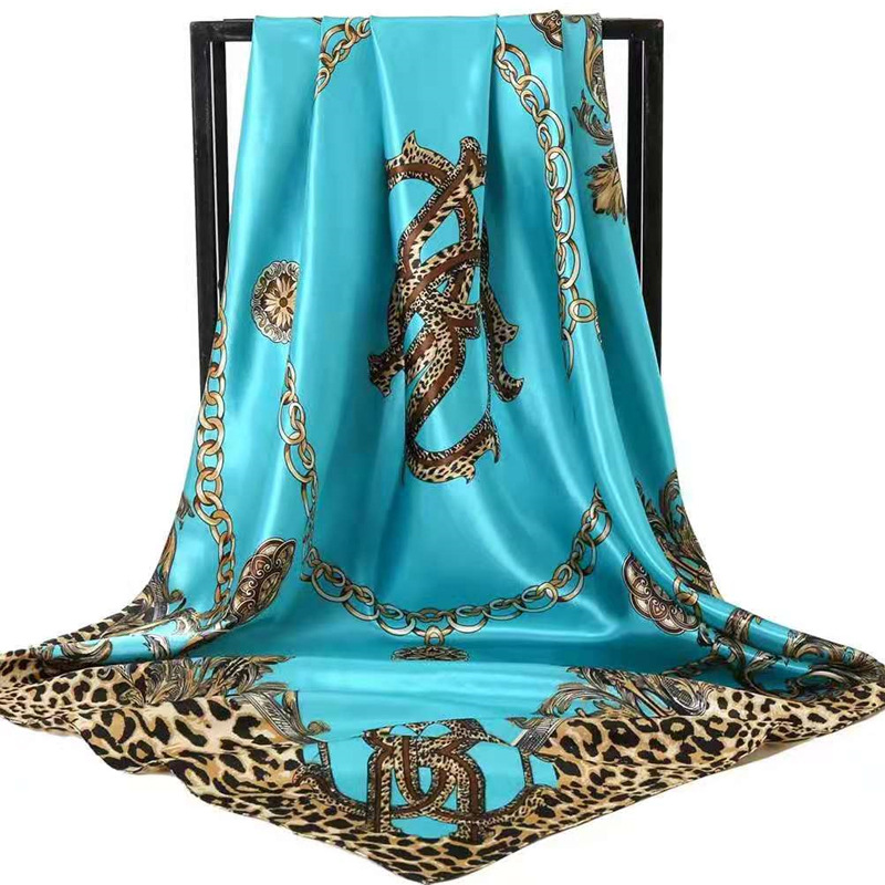 Blue Leopard Print Chain Pattern Elegant 90x90cm Satin Silk Scarf for Women - Double-Sided Printed Square Headscarf Shawl Wrap - Lightweight Versatile Fashion Accessory for Mother's Day Gift - Image 1