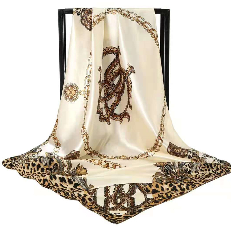 Beige Leopard Print Chain Pattern Elegant 90x90cm Satin Silk Scarf for Women - Double-Sided Printed Square Headscarf Shawl Wrap - Lightweight Versatile Fashion Accessory for Mother's Day Gift - Image 1