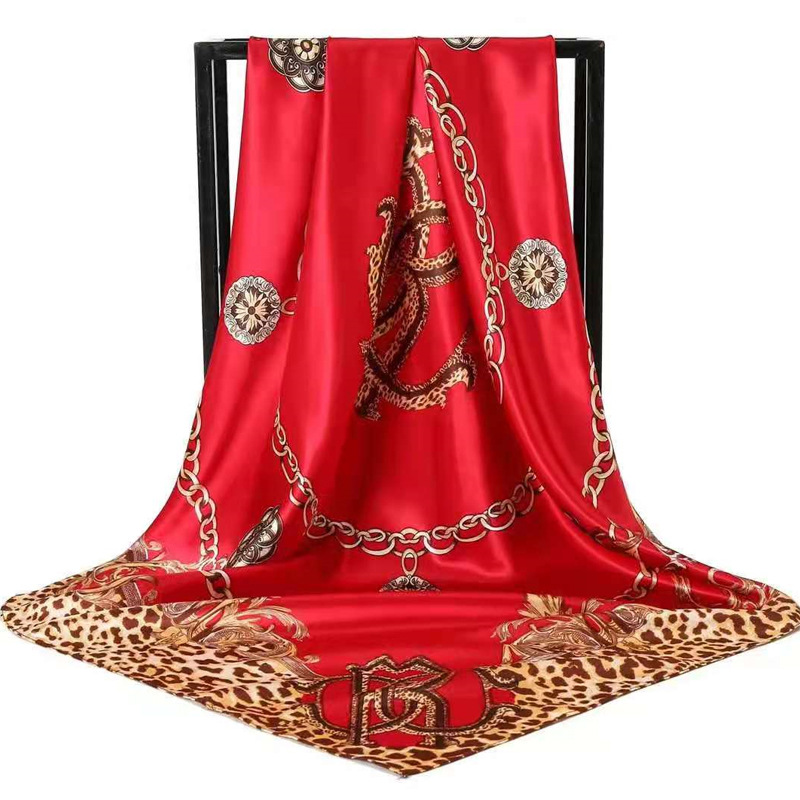 Red Leopard Print Chain Pattern Elegant 90x90cm Satin Silk Scarf for Women - Double-Sided Printed Square Headscarf Shawl Wrap - Lightweight Versatile Fashion Accessory for Mother's Day Gift - Image 1