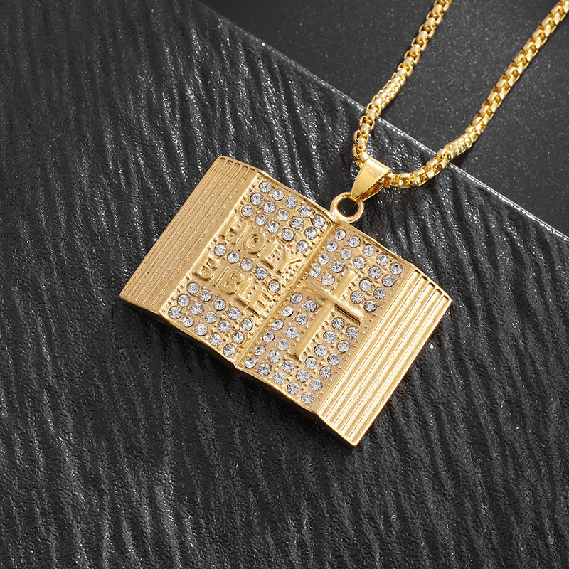Aureate Vintage Holy Bible Book Pendant Necklace -  Plated Alloy Cross Scripture Book Pendant with Crystal Rhinestones-Gift for Men and Women - Image 1