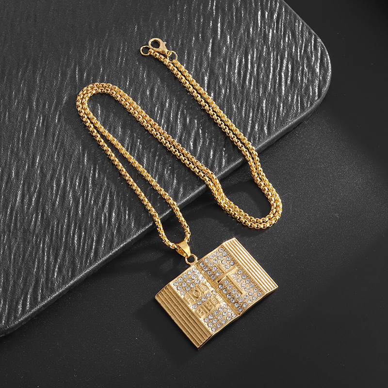 Aureate Vintage Holy Bible Book Pendant Necklace -  Plated Alloy Cross Scripture Book Pendant with Crystal Rhinestones-Gift for Men and Women - Image 2