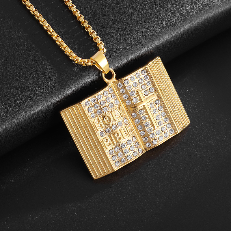 Aureate Vintage Holy Bible Book Pendant Necklace -  Plated Alloy Cross Scripture Book Pendant with Crystal Rhinestones-Gift for Men and Women - Image 3