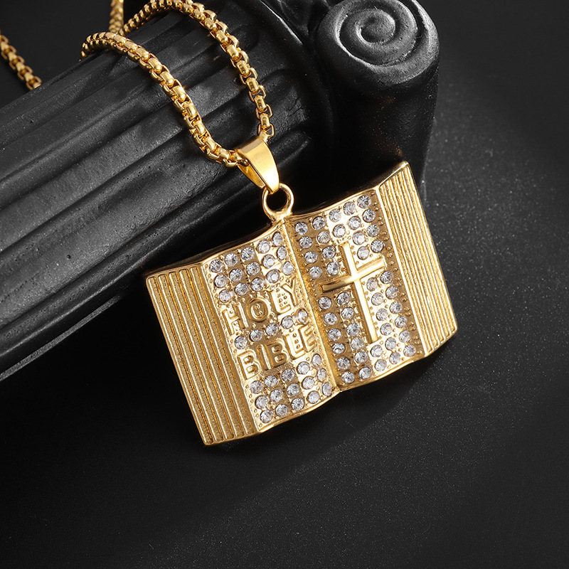 Aureate Vintage Holy Bible Book Pendant Necklace -  Plated Alloy Cross Scripture Book Pendant with Crystal Rhinestones-Gift for Men and Women - Image 4