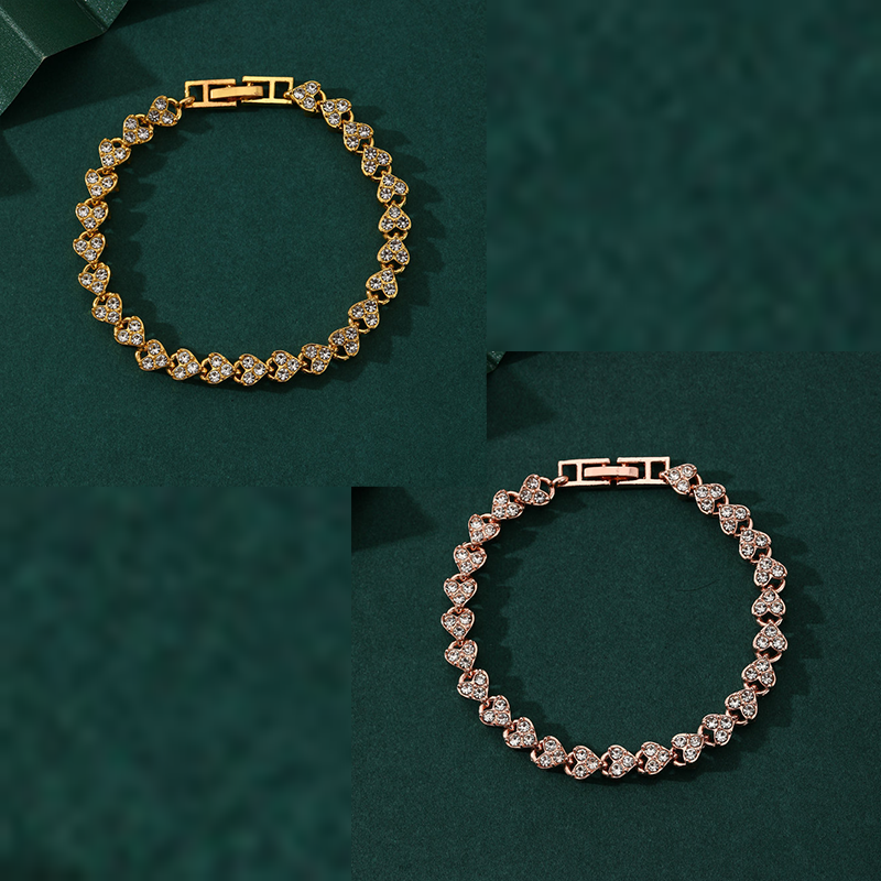 2-piece Aureate and  Rose Gold Luxury Crystal Heart Tennis Bracelet - European Roman Style Pave CZ Diamond Link Chain - Elegant Gold Silver Rose Gold Plated Fashion Jewelry for Women - Image 1
